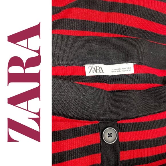 ZARA NAUTICAL STRIPED RIBBED KNIT STRETCHY MIDI PENCIL SKIRT FALL RED BLACK, Med - Picture 6 of 9
